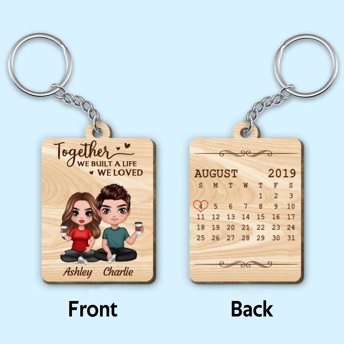 Doll Couple Sitting Anniversary Date Calendar Personalized Wooden Keychain - Image 4