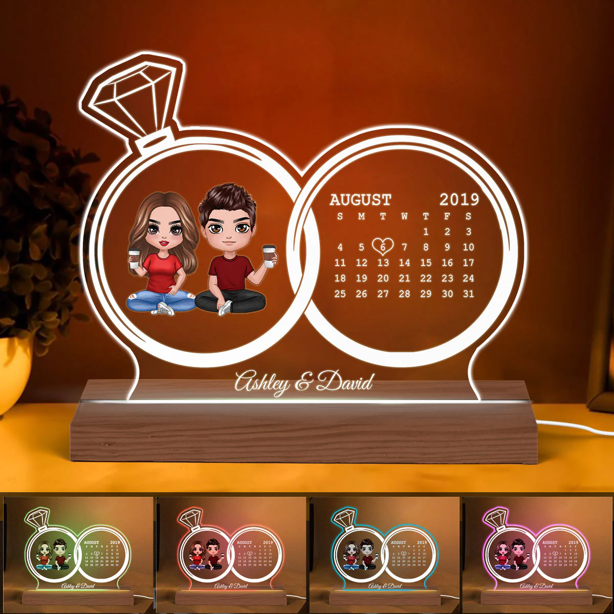 Doll Couple Sitting Anniversary Date Calendar Rings Personalized Custom Shape Acrylic Plaque With LED Night Light