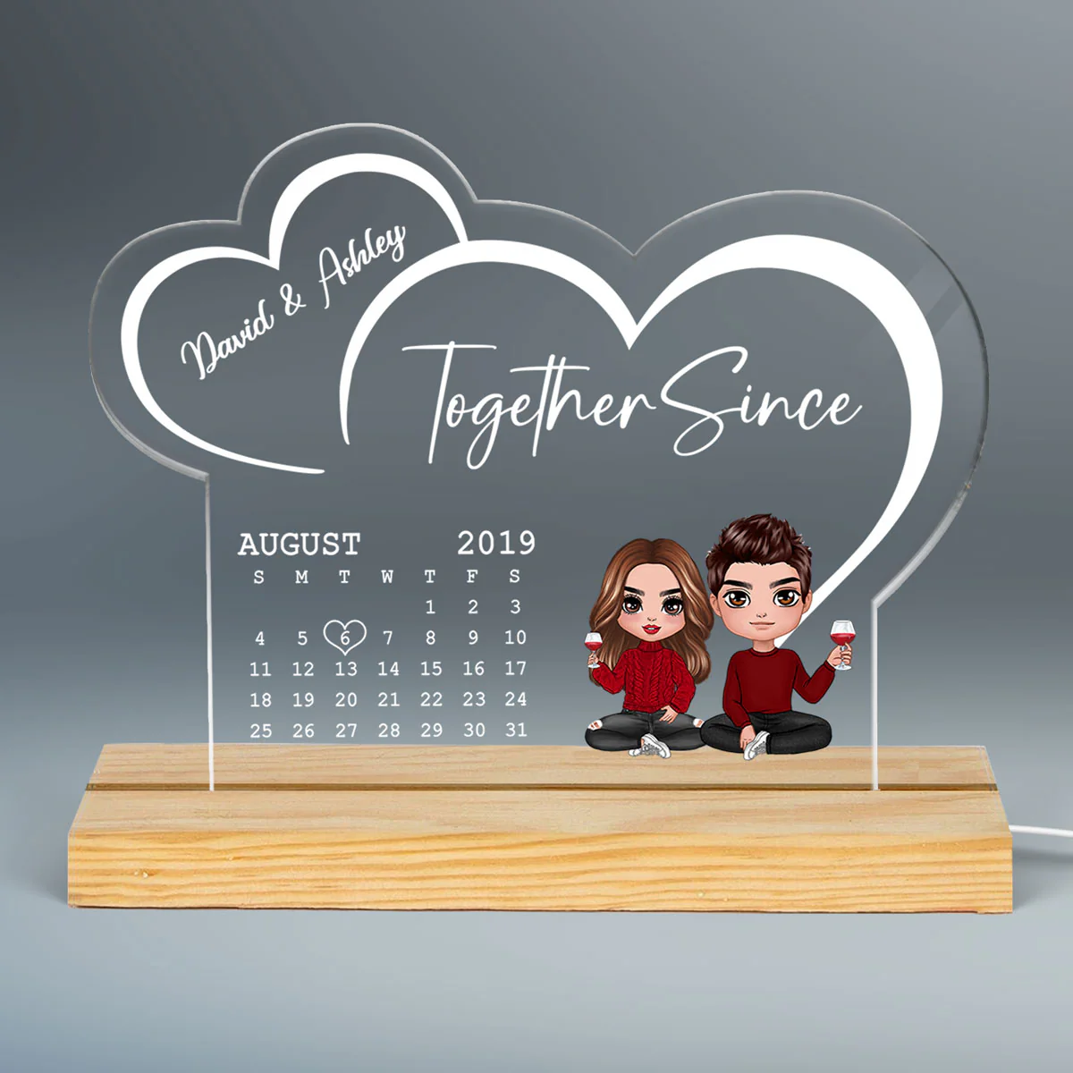 Doll Couple Sitting Anniversary Date Calendar Two Hearts Personalized Acrylic Plaque With LED Night Light - Image 3