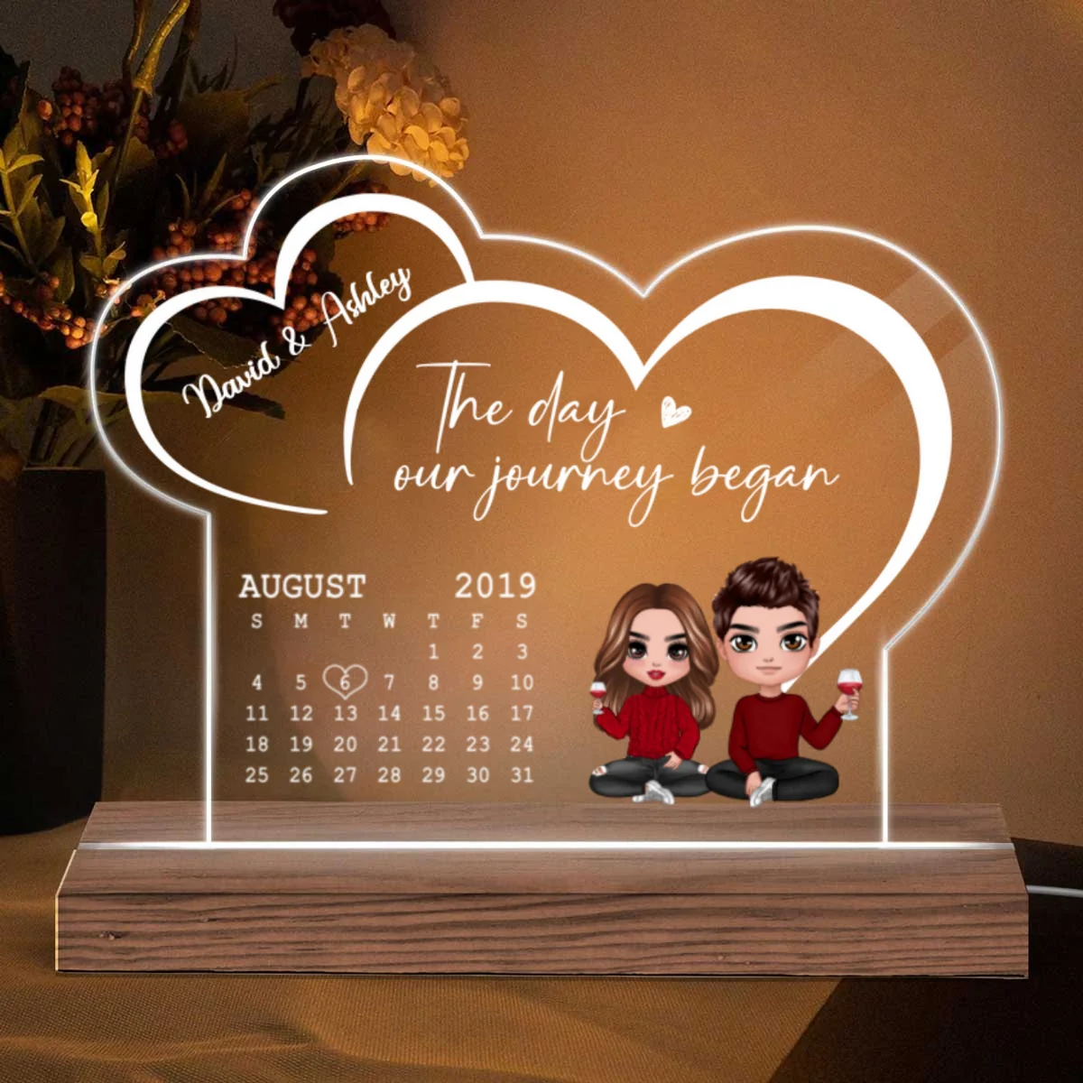 Doll Couple Sitting Anniversary Date Calendar Two Hearts Personalized Acrylic Plaque With LED Night Light - Image 5