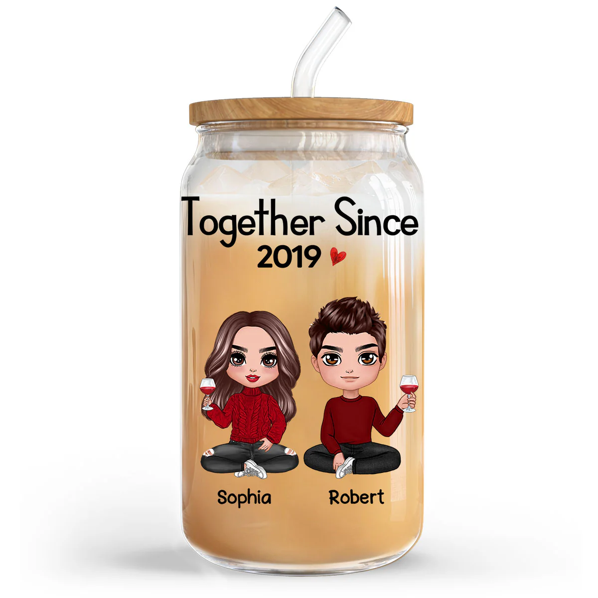 Doll Couple Sitting Anniversary Gift For Couples Personalized Clear Glass Can - Image 3