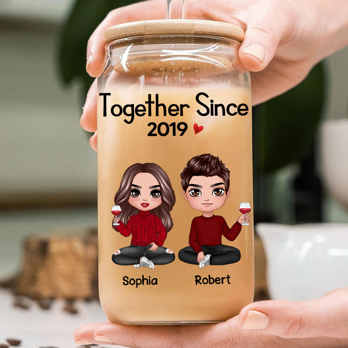 Doll Couple Sitting Anniversary Gift For Couples Personalized Clear Glass Can - Image 4