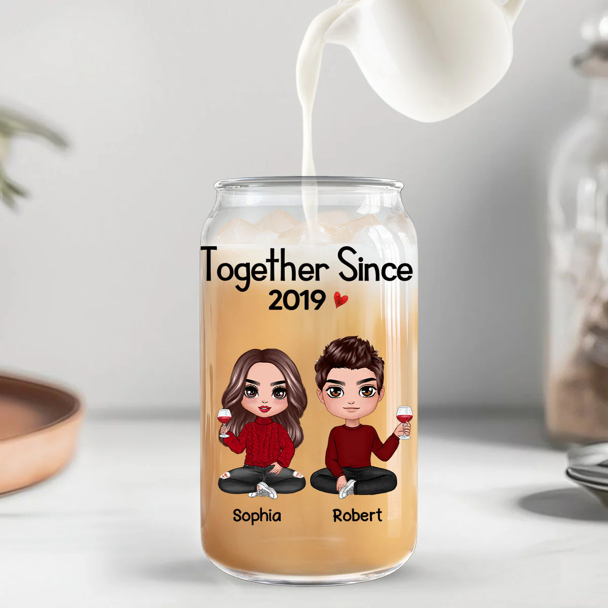 Doll Couple Sitting Anniversary Gift For Couples Personalized Clear Glass Can - Image 5