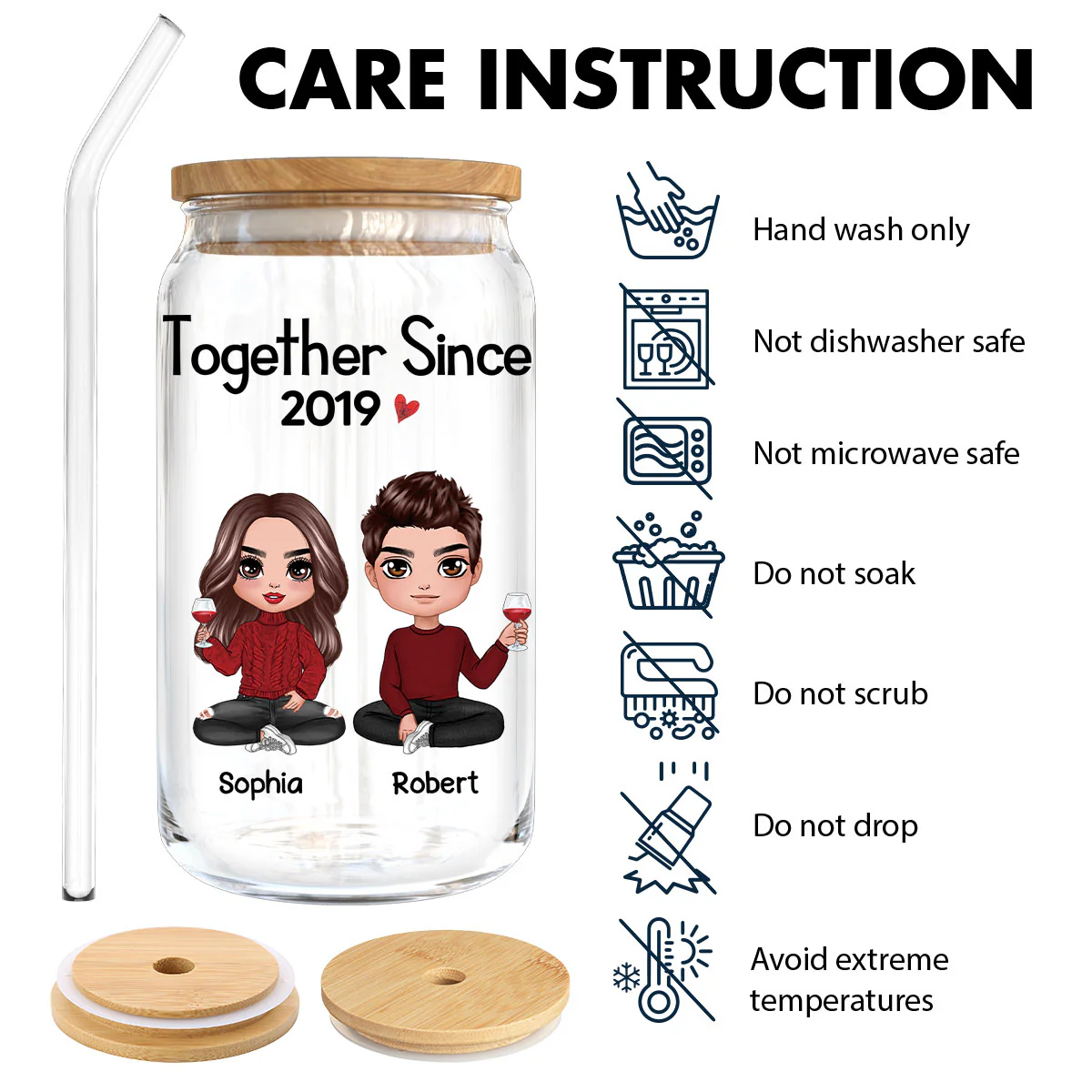 Doll Couple Sitting Anniversary Gift For Couples Personalized Clear Glass Can - Image 7
