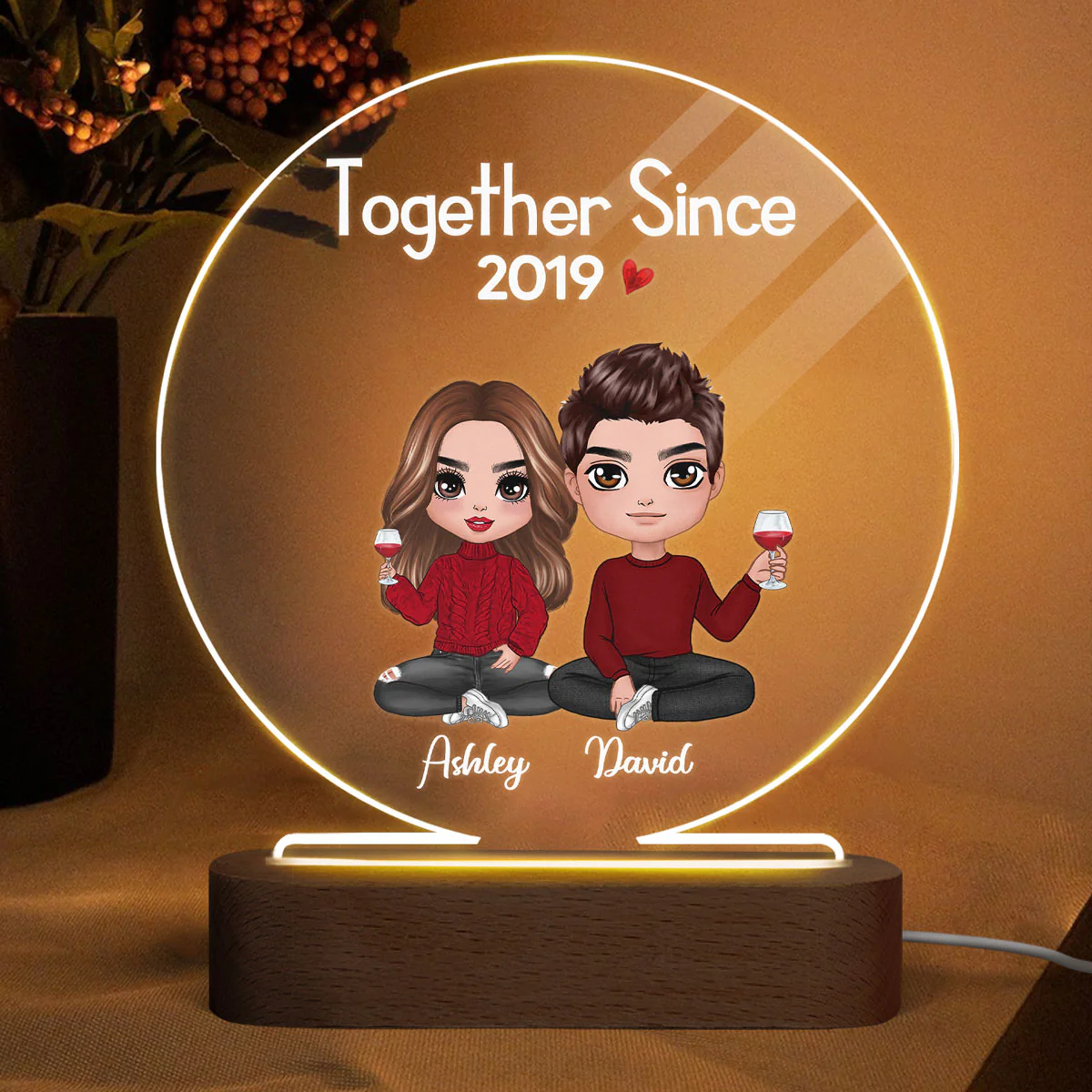 Doll Couple Sitting Anniversary Gift For Him Gift For Her Personalized Circle Acrylic Plaque LED Lamp Night Light