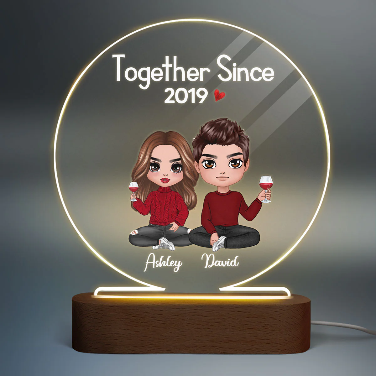 Doll Couple Sitting Anniversary Gift For Him Gift For Her Personalized Circle Acrylic Plaque LED Lamp Night Light - Image 2