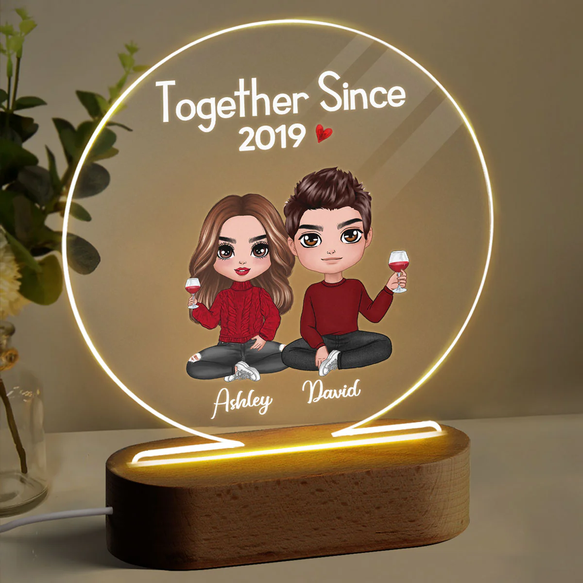 Doll Couple Sitting Anniversary Gift For Him Gift For Her Personalized Circle Acrylic Plaque LED Lamp Night Light - Image 3