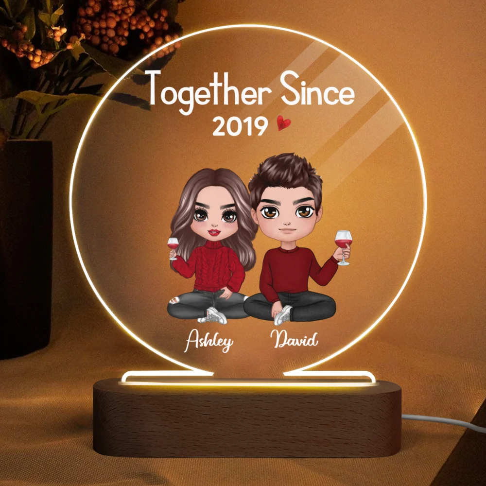 Doll Couple Sitting Anniversary Gift For Him Gift For Her Personalized Circle Acrylic Plaque LED Lamp Night Light - Image 4