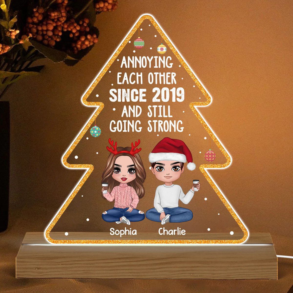 Doll Couple Sitting Annoying Each Other Since Personalized Christmas Tree Shaped Acrylic Plaque With LED Night Light - Image 2