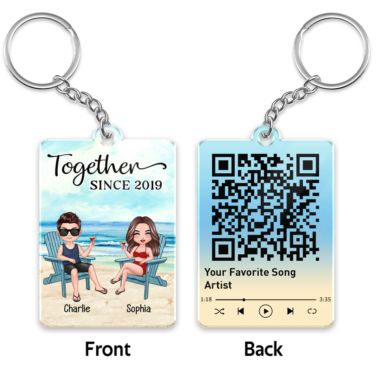Doll Couple Sitting At Beach Favorite Song Scannable QR Code Personalized Acrylic Keychain