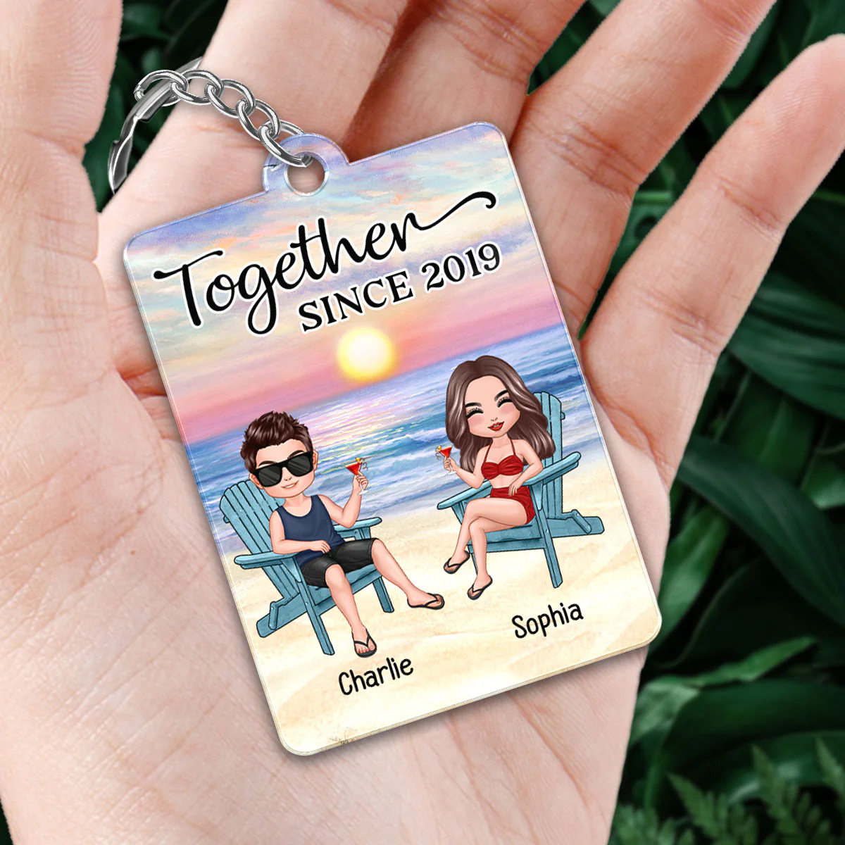 Doll Couple Sitting At Beach Favorite Song Scannable QR Code Personalized Acrylic Keychain - Image 2