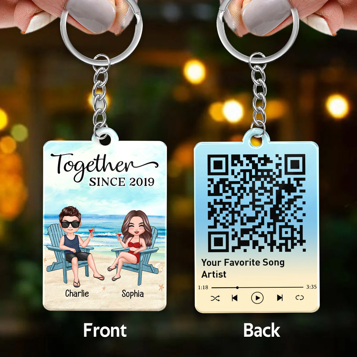 Doll Couple Sitting At Beach Favorite Song Scannable QR Code Personalized Acrylic Keychain - Image 3