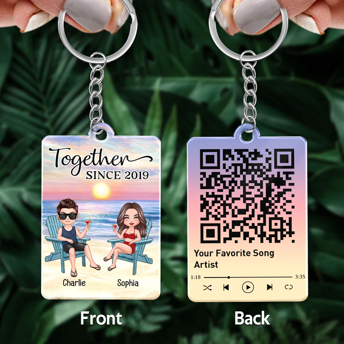 Doll Couple Sitting At Beach Favorite Song Scannable QR Code Personalized Acrylic Keychain - Image 4