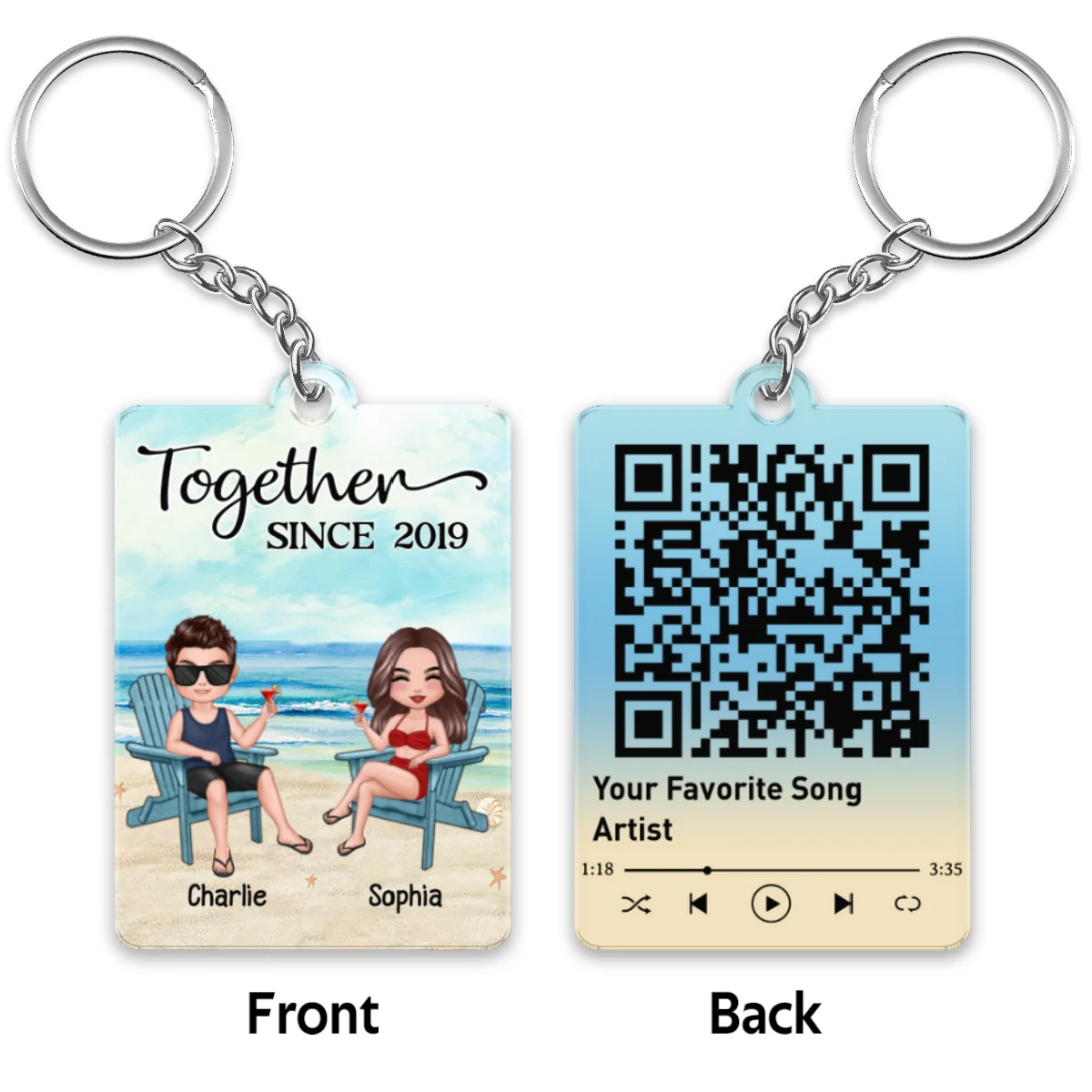 Doll Couple Sitting At Beach Favorite Song Scannable QR Code Personalized Acrylic Keychain - Image 5