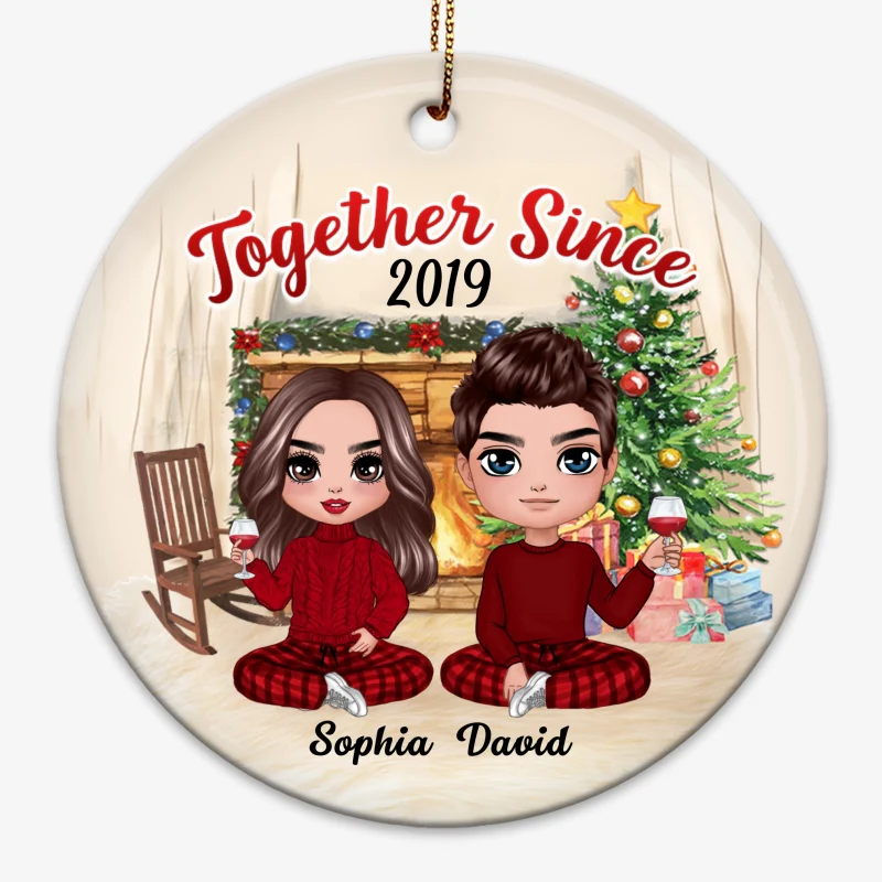 Doll Couple Sitting At Christmas Fireplace Personalized Circle Ornament