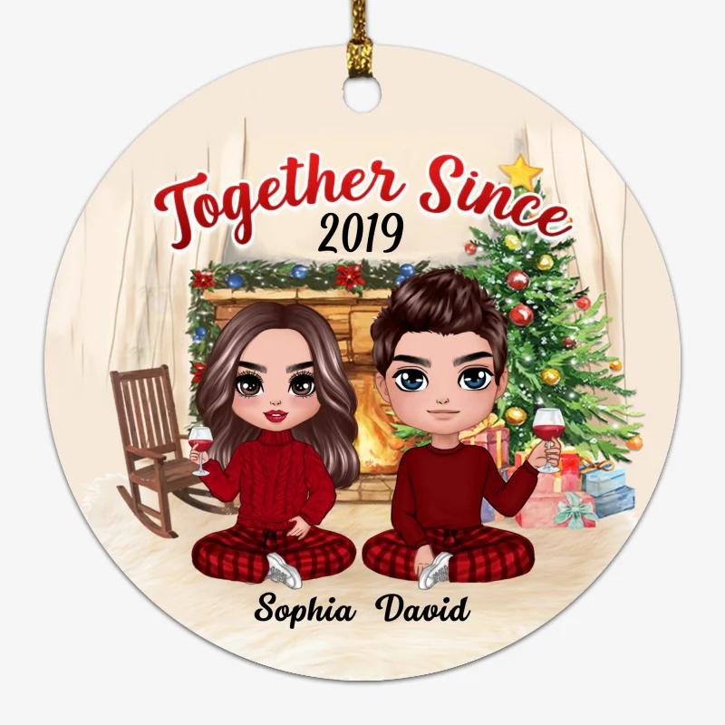 Doll Couple Sitting At Christmas Fireplace Personalized Circle Ornament - Image 2