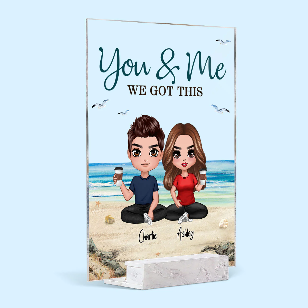 Doll Couple Sitting Beach Landscape Gift For Him Gift For Her Personalized Acrylic Plaque - Image 2
