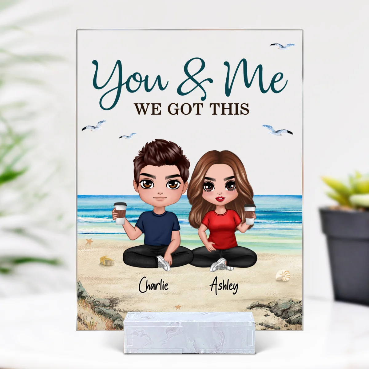Doll Couple Sitting Beach Landscape Gift For Him Gift For Her Personalized Acrylic Plaque - Image 4