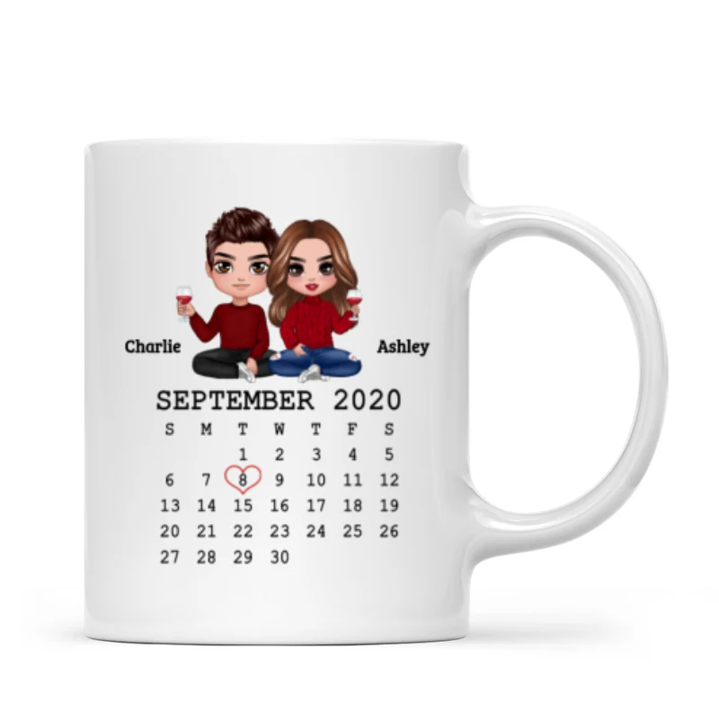 Doll Couple Sitting Calendar Anniversary Date Gift For Him For Her Personalized Mug - Image 4