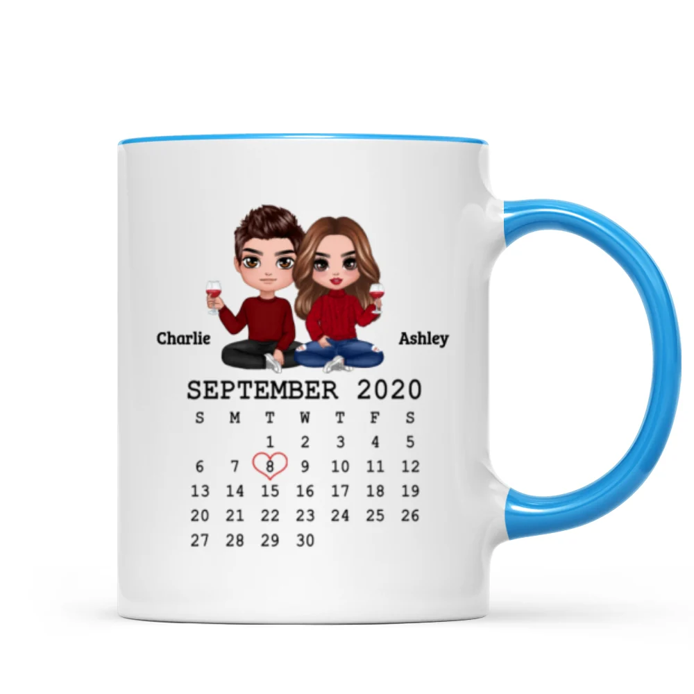 Doll Couple Sitting Calendar Anniversary Date Gift For Him For Her Personalized Mug - Image 8