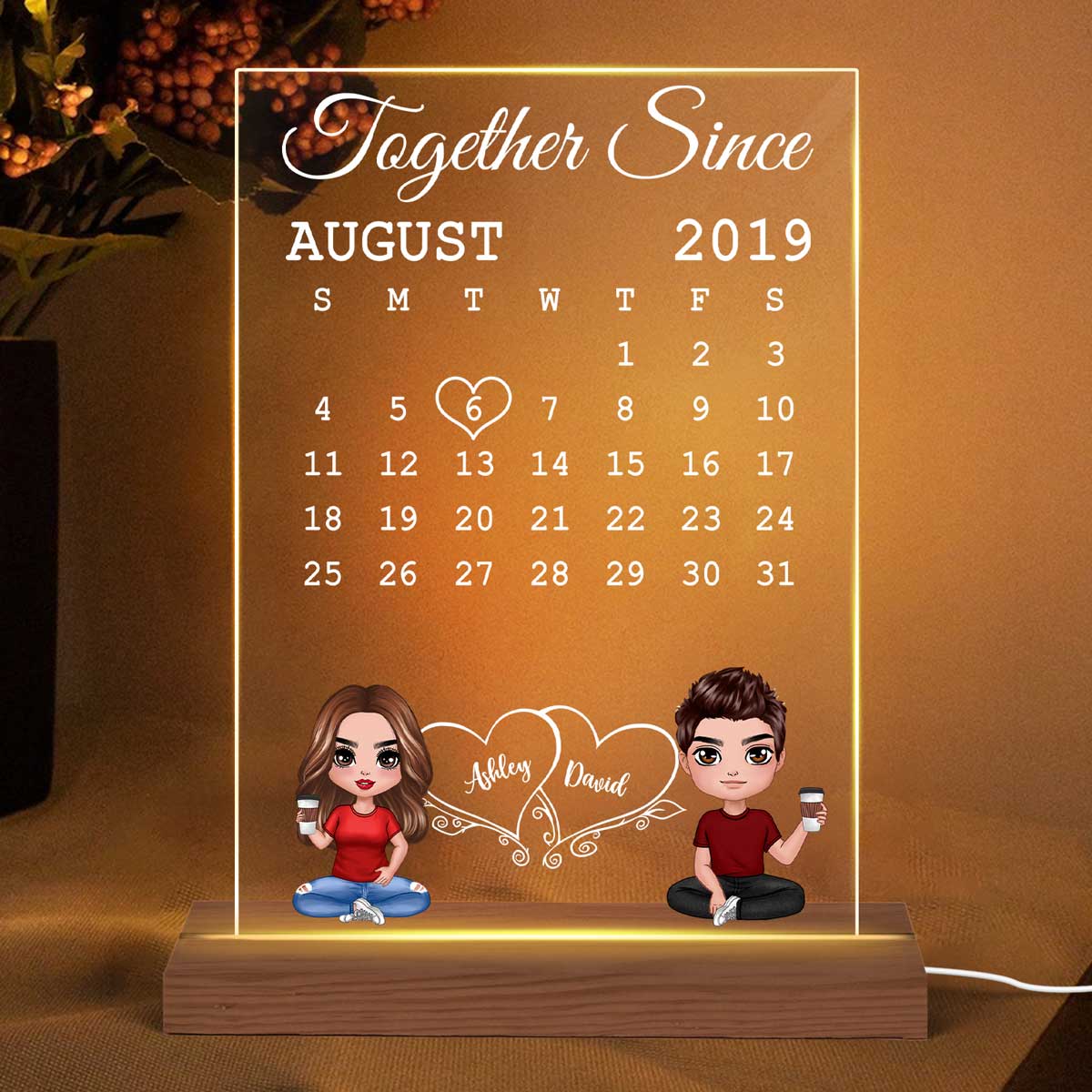 Doll Couple Sitting Calendar Anniversary Date Gift For Him For Her Personalized Rectangle Acrylic Plaque LED Lamp Night Light