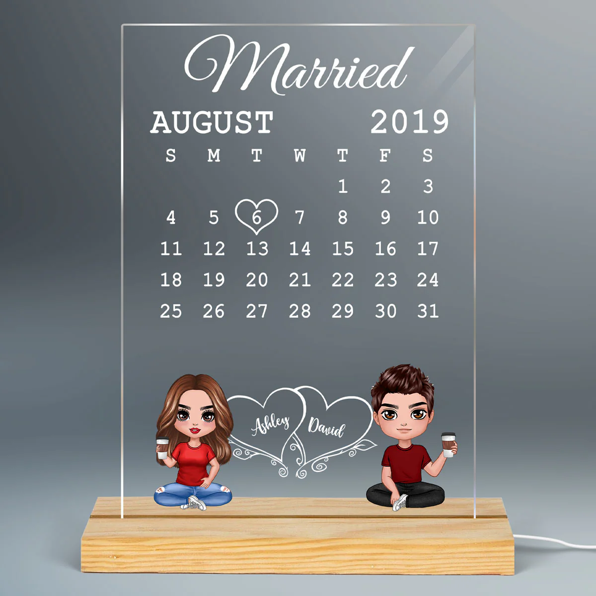 Doll Couple Sitting Calendar Anniversary Date Gift For Him For Her Personalized Rectangle Acrylic Plaque LED Lamp Night Light - Image 2