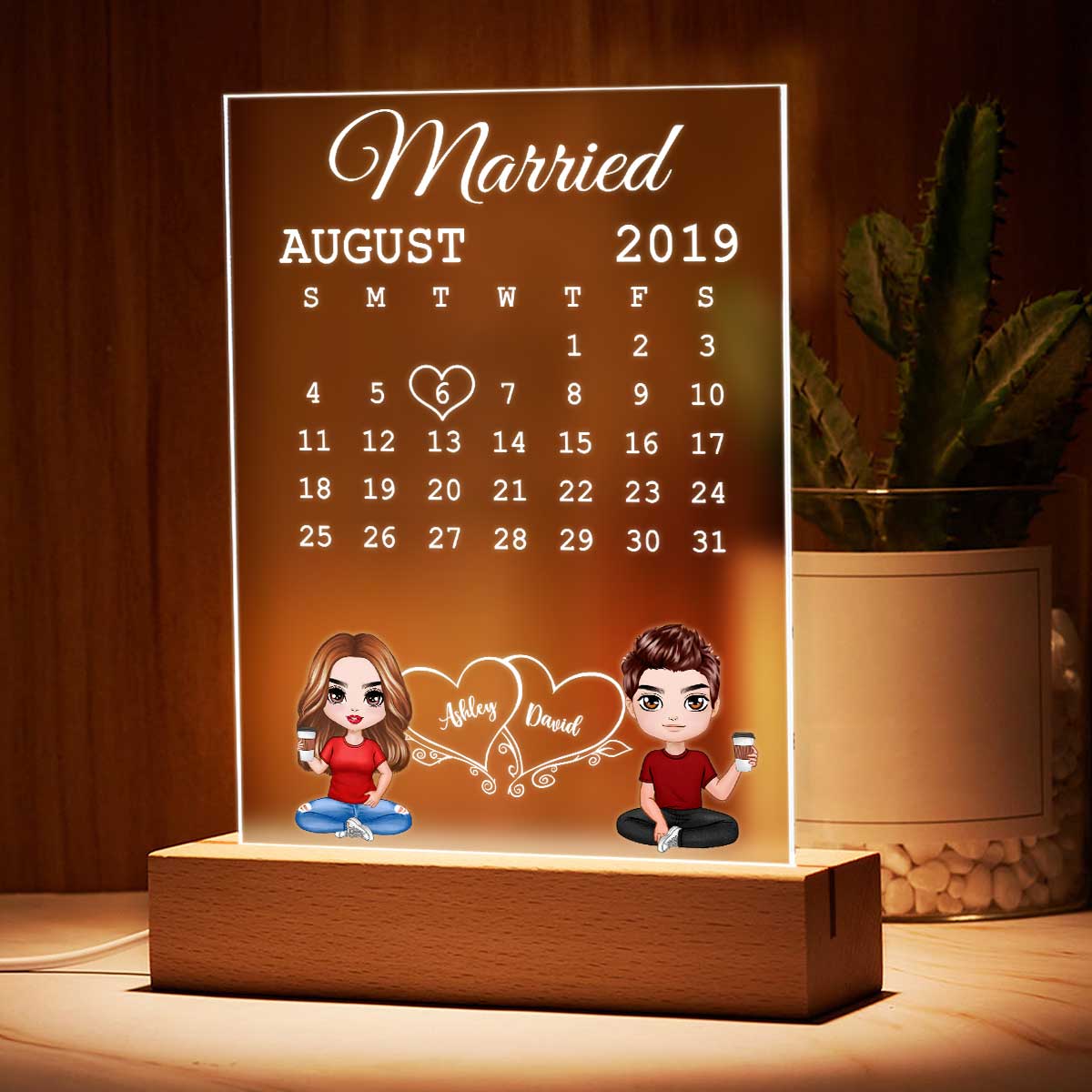 Doll Couple Sitting Calendar Anniversary Date Gift For Him For Her Personalized Rectangle Acrylic Plaque LED Lamp Night Light - Image 3