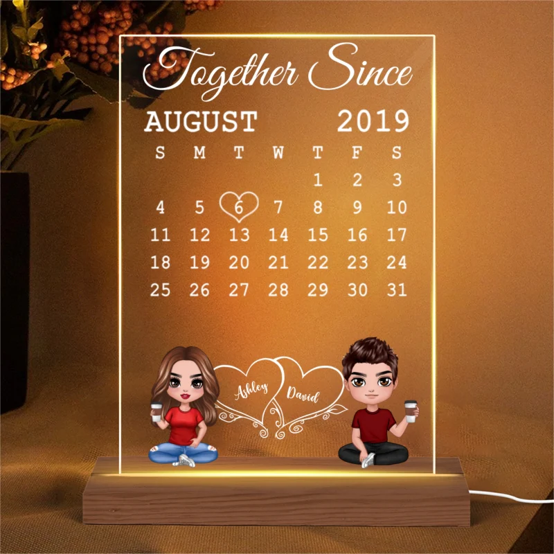Doll Couple Sitting Calendar Anniversary Date Gift For Him For Her Personalized Rectangle Acrylic Plaque LED Lamp Night Light - Image 4