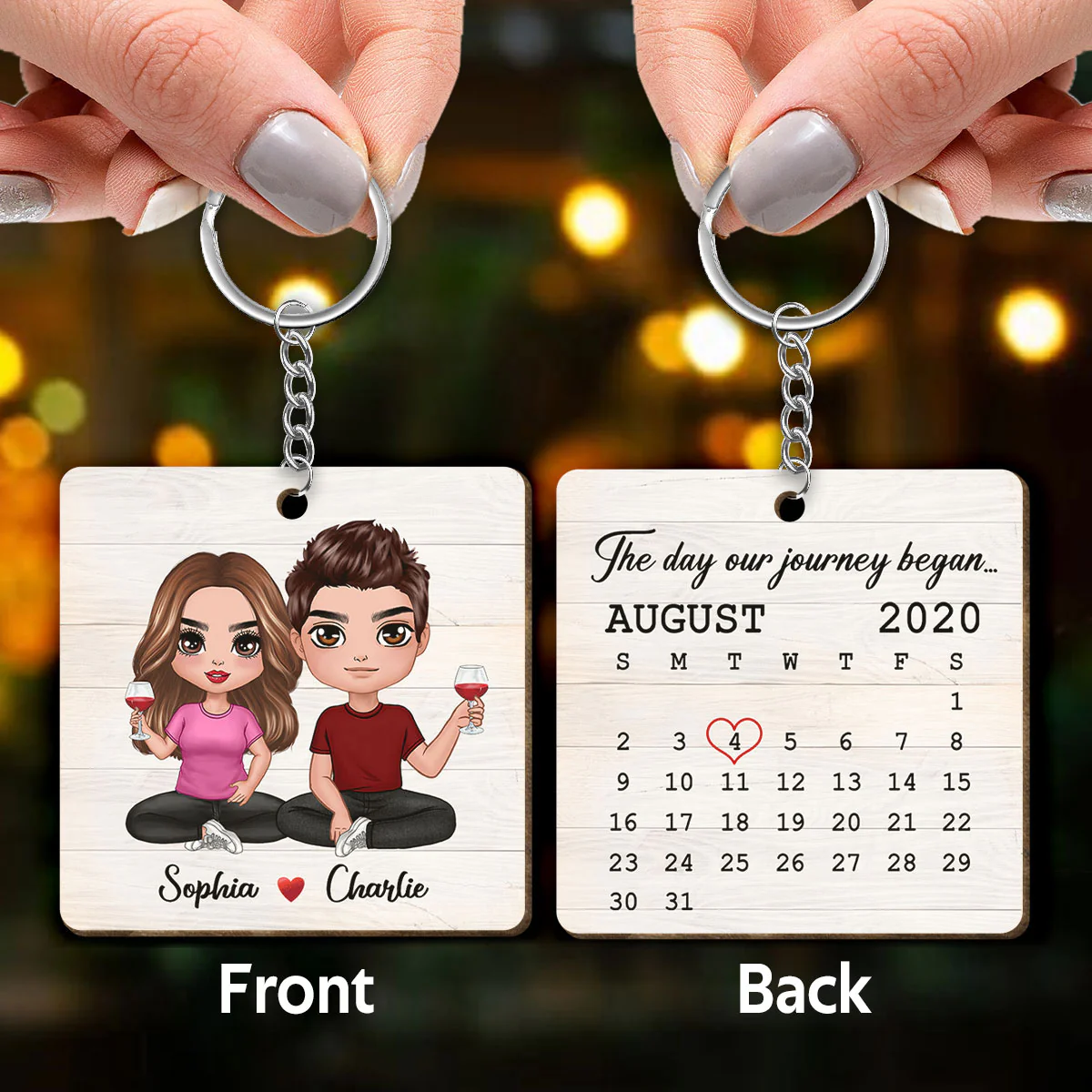 Doll Couple Sitting Calendar Anniversary Date Personalized Wooden Keychain - Image 3