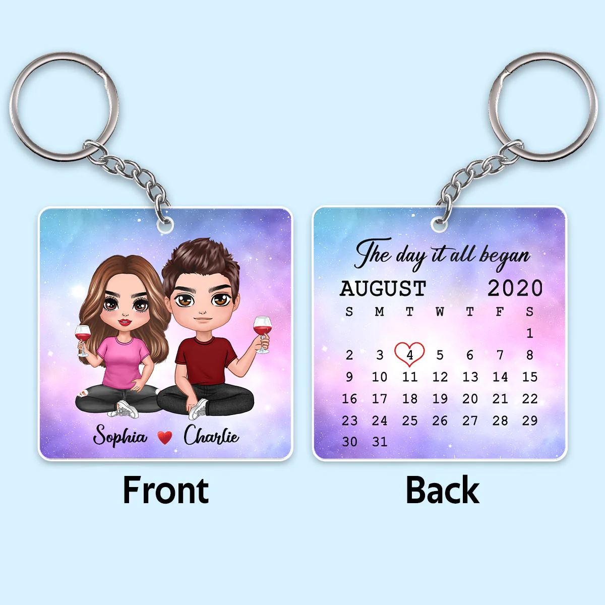 Doll Couple Sitting Calendar Date Anniversary Gift For Him Gift For Her Personalized Acrylic Keychain