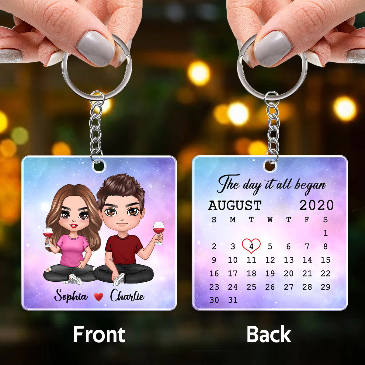 Doll Couple Sitting Calendar Date Anniversary Gift For Him Gift For Her Personalized Acrylic Keychain - Image 3