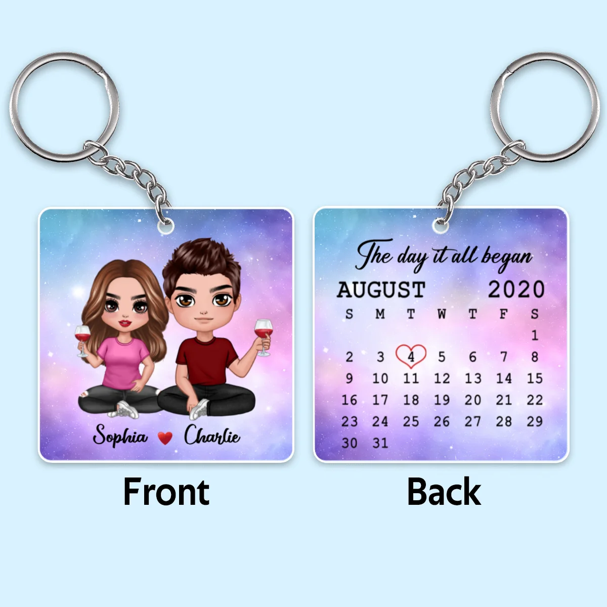 Doll Couple Sitting Calendar Date Anniversary Gift For Him Gift For Her Personalized Acrylic Keychain - Image 4