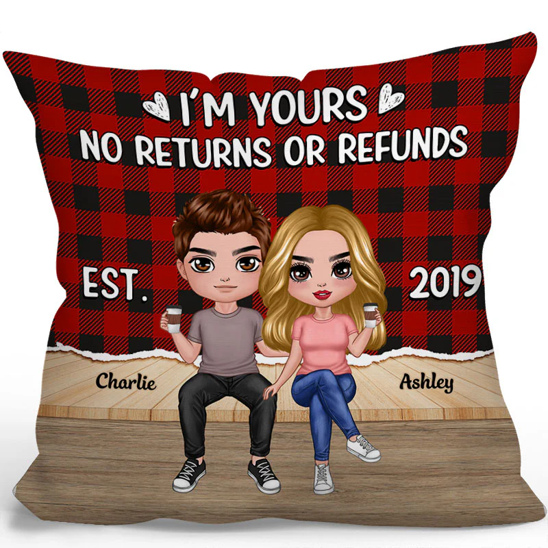 Doll Couple Sitting Checkered Pattern Personalized Pillow