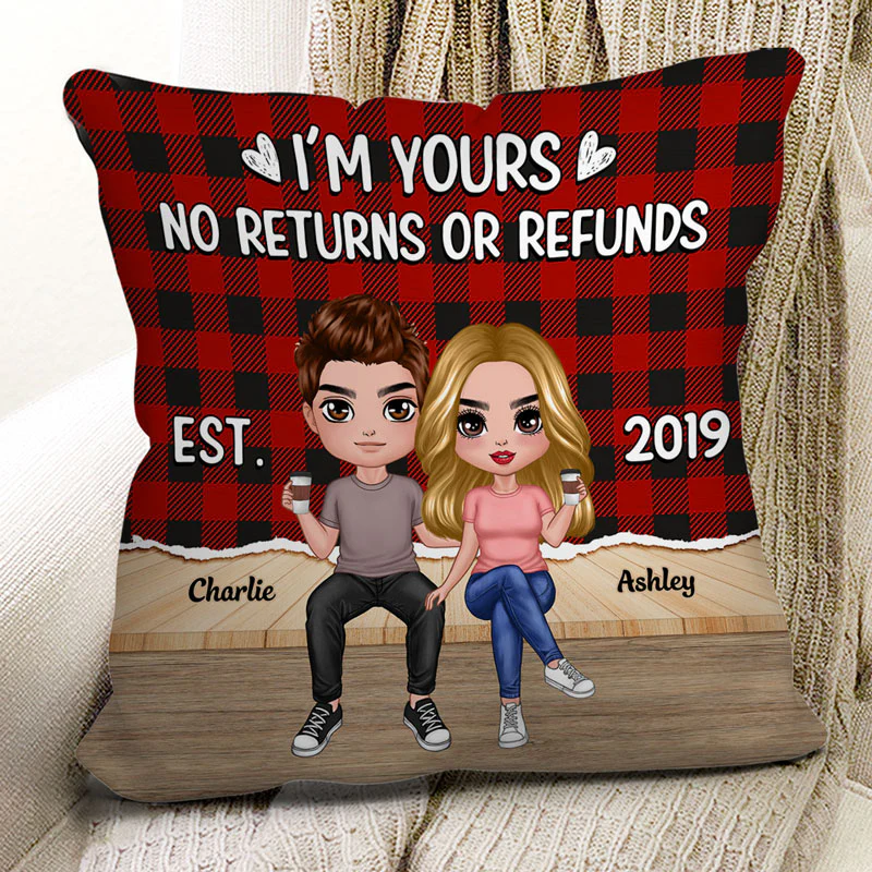 Doll Couple Sitting Checkered Pattern Personalized Pillow - Image 2