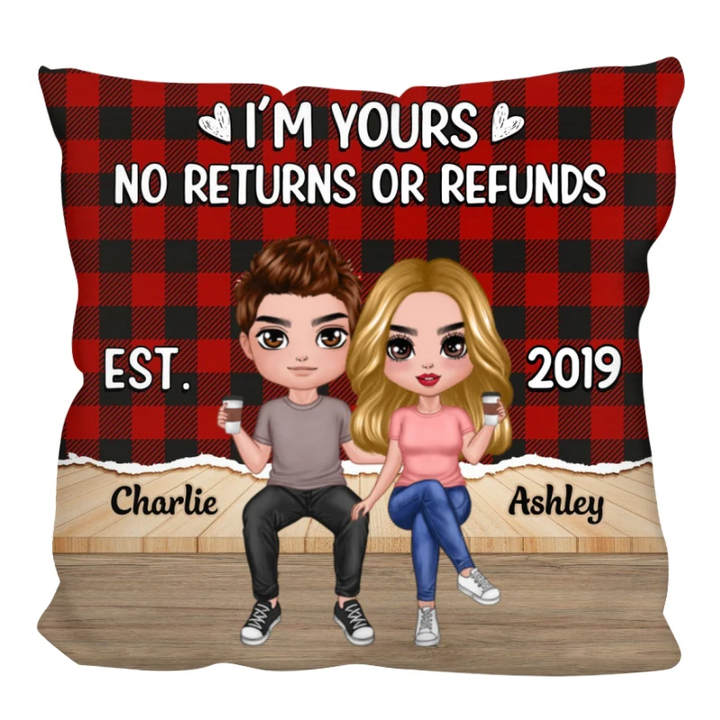 Doll Couple Sitting Checkered Pattern Personalized Pillow - Image 3