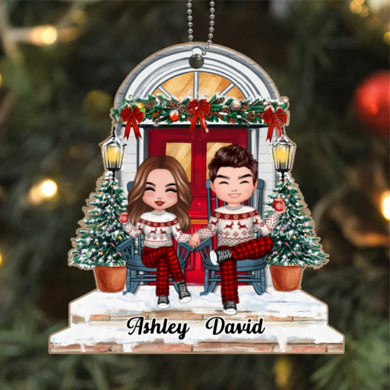 Doll Couple Sitting Christmas Front Porch Personalized Wooden Ornament