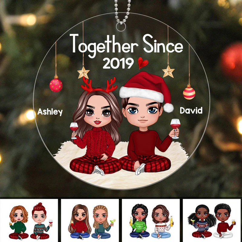 Doll Couple Sitting Christmas Personalized Acrylic Ornament - Image 2