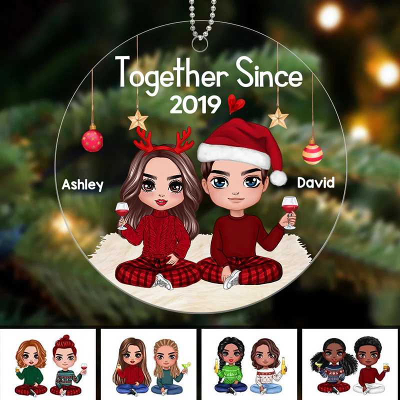 Doll Couple Sitting Christmas Personalized Acrylic Ornament - Image 3