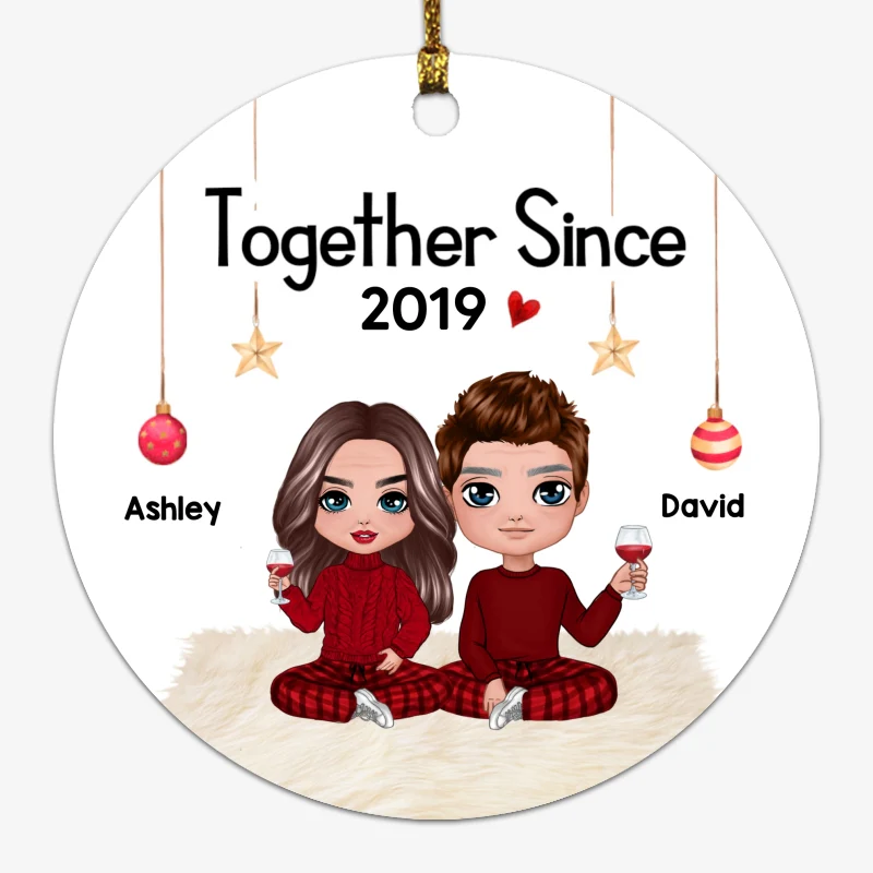 Doll Couple Sitting Christmas Personalized Circle Ornament - Image 2