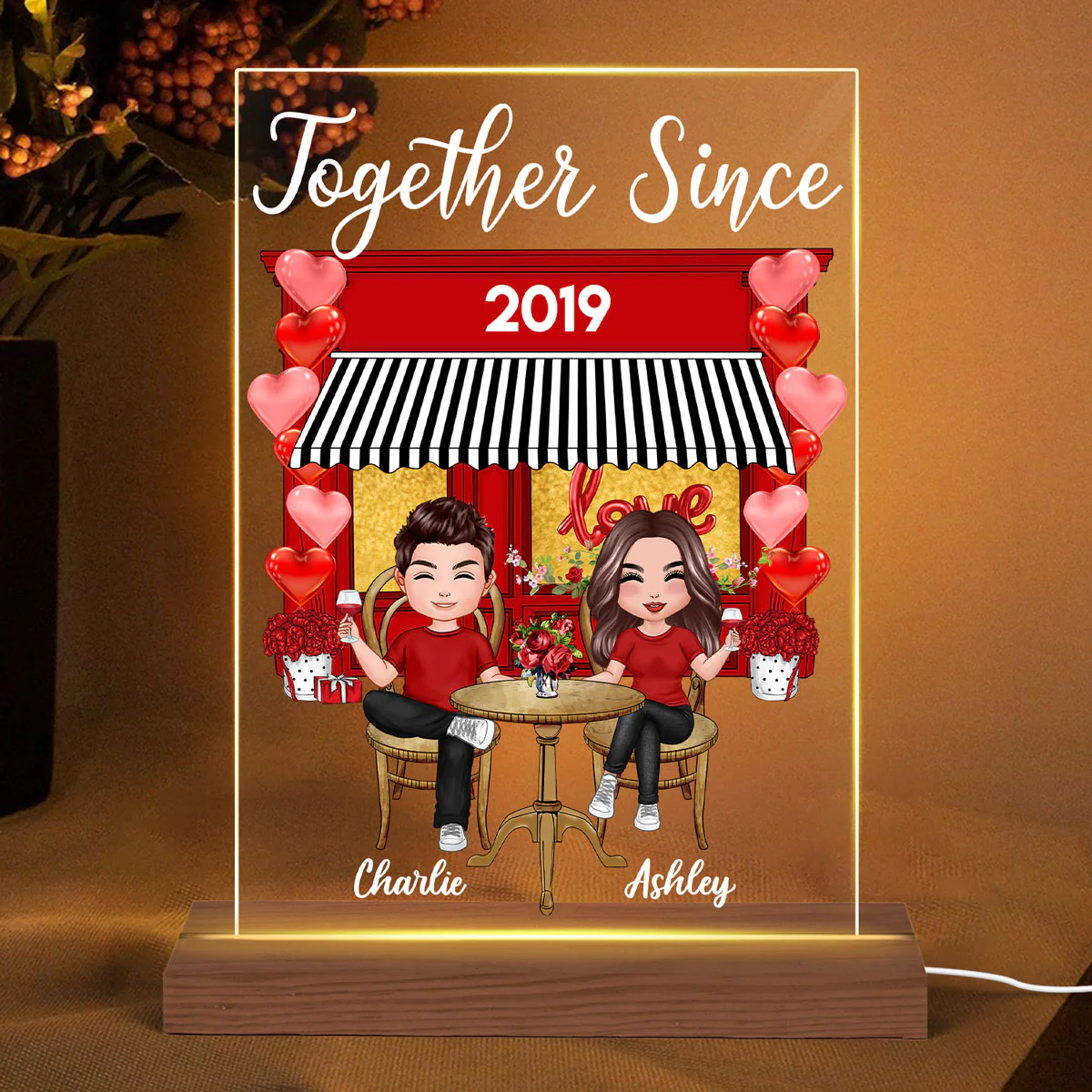 Doll Couple Sitting Coffee Shop Personalized Plaque LED Light Night