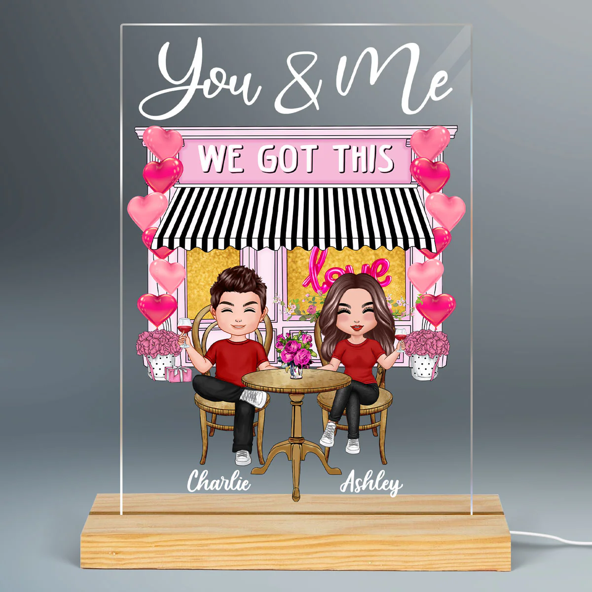 Doll Couple Sitting Coffee Shop Personalized Plaque LED Light Night - Image 2