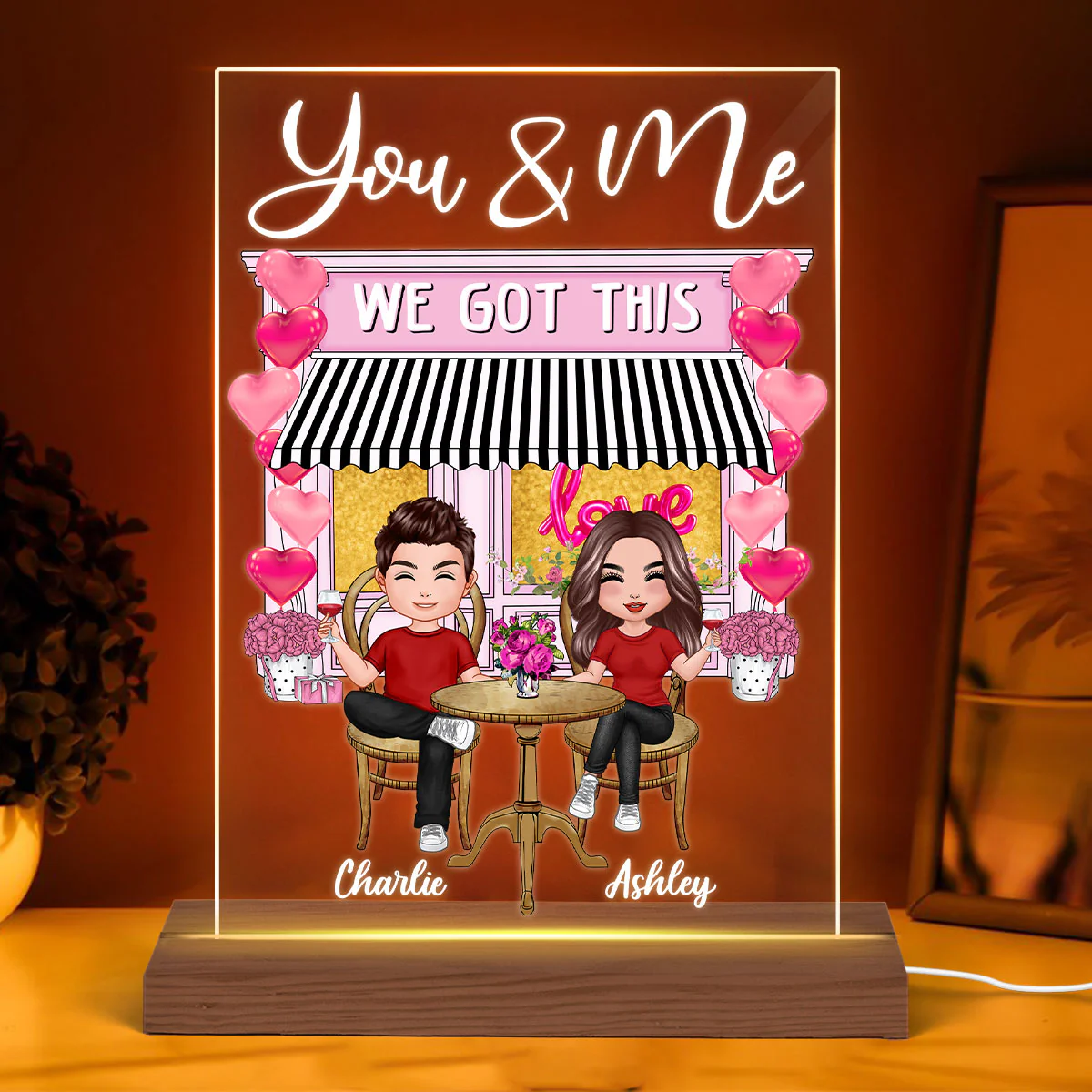 Doll Couple Sitting Coffee Shop Personalized Plaque LED Light Night - Image 3