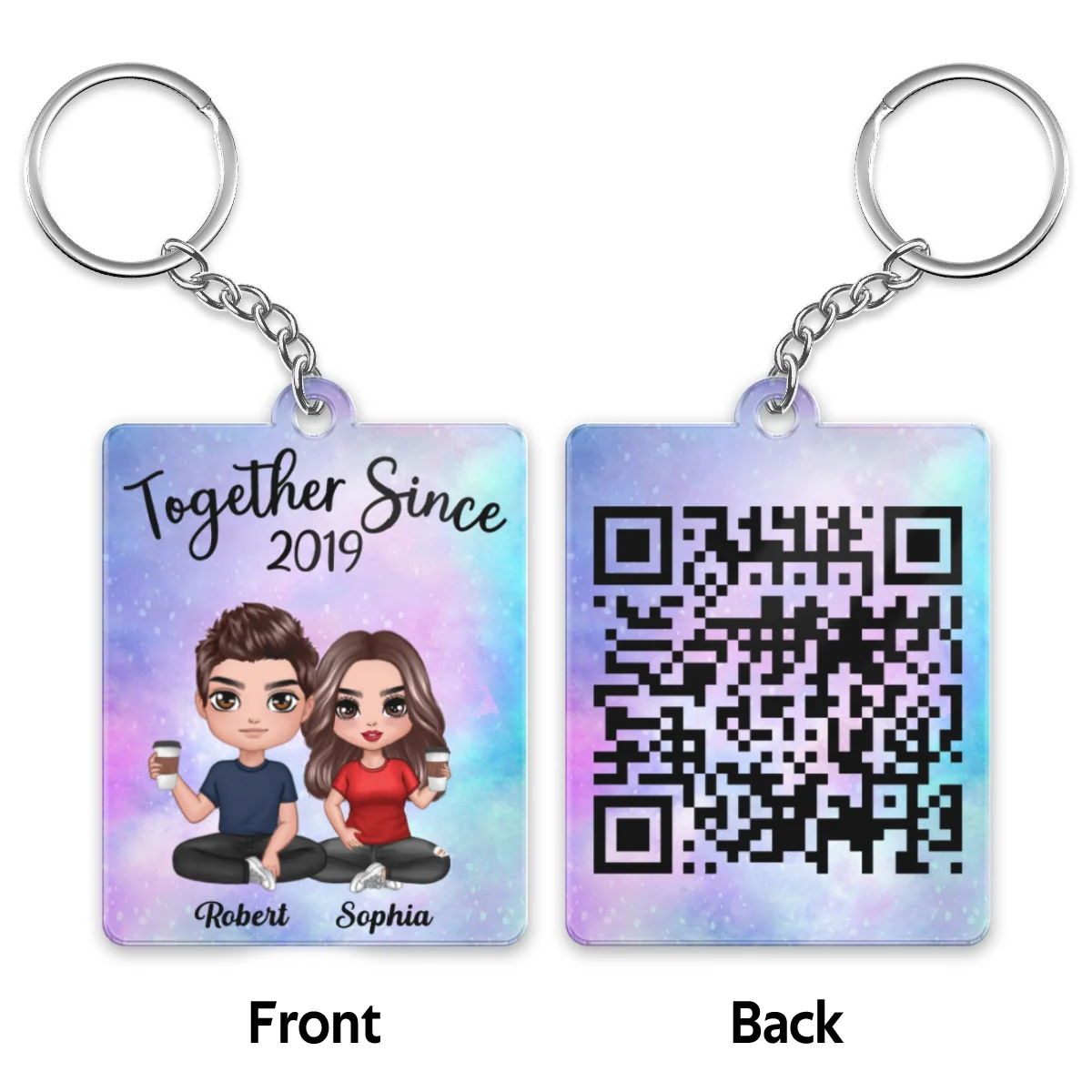 Doll Couple Sitting Custom Secret Message QR Code Gift For Her Gift For Him Personalized Acrylic Keychain - Image 4
