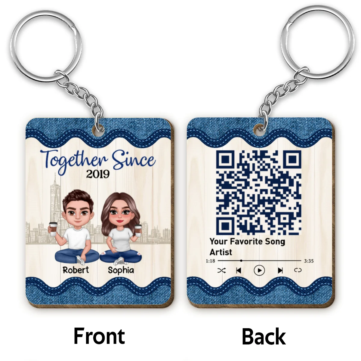 Doll Couple Sitting Denim Frame Favorite Song Scannable QR Code Personalized Wooden Keychain - Image 4