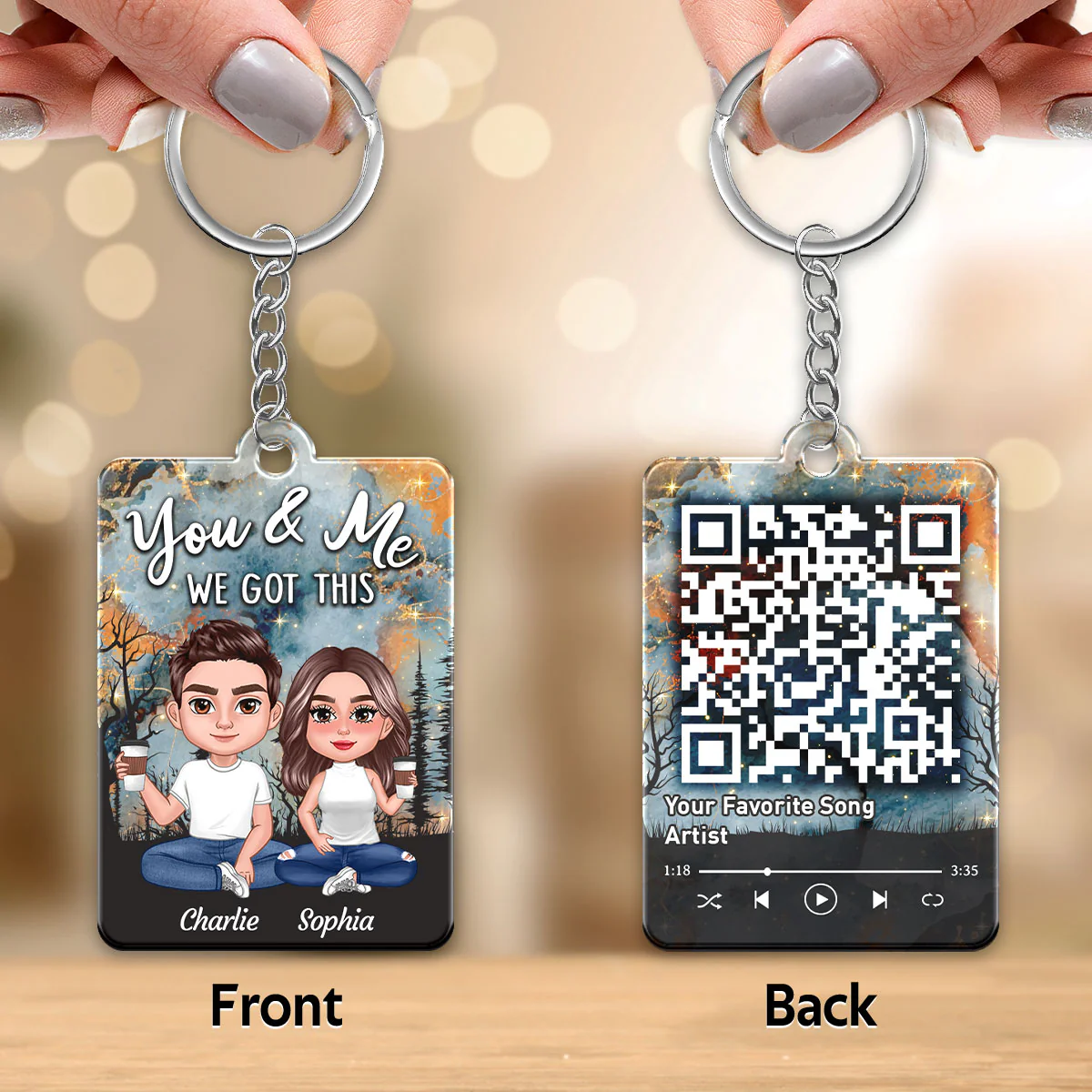 Doll Couple Sitting Earth Pattern Favorite Song QR Code Personalized Acrylic Keychain - Image 2
