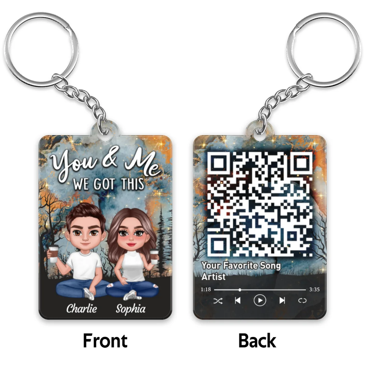 Doll Couple Sitting Earth Pattern Favorite Song QR Code Personalized Acrylic Keychain - Image 4