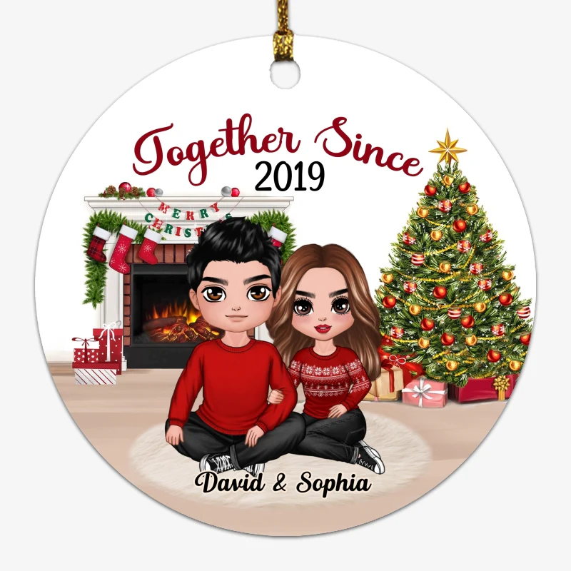 Doll Couple Sitting Embracing In House Personalized Circle Ornament - Image 2