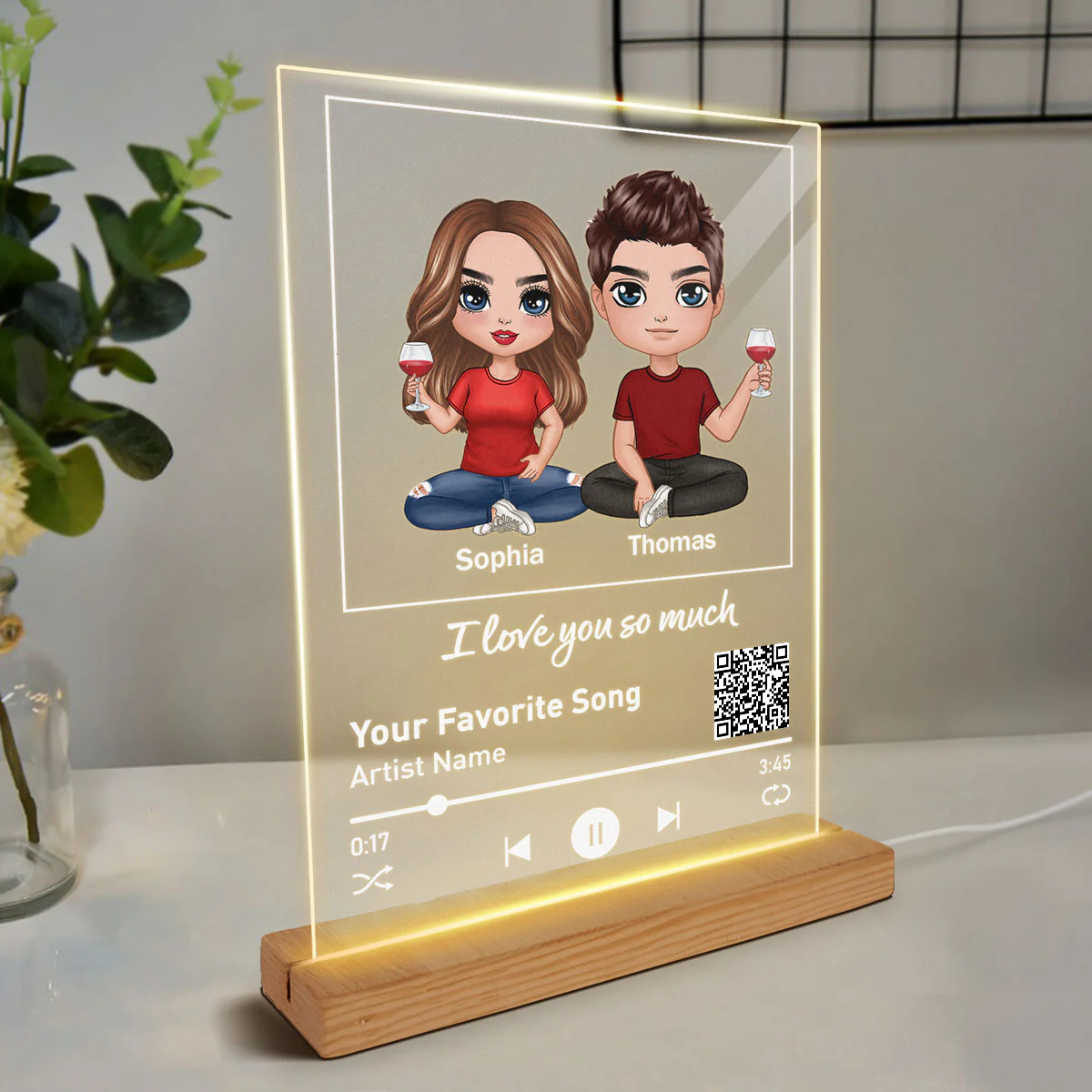 Doll Couple Sitting Favorite Love Song Scannable QR Code Personalized Rectangle Acrylic Plaque With LED Lamp Night Light - Image 3