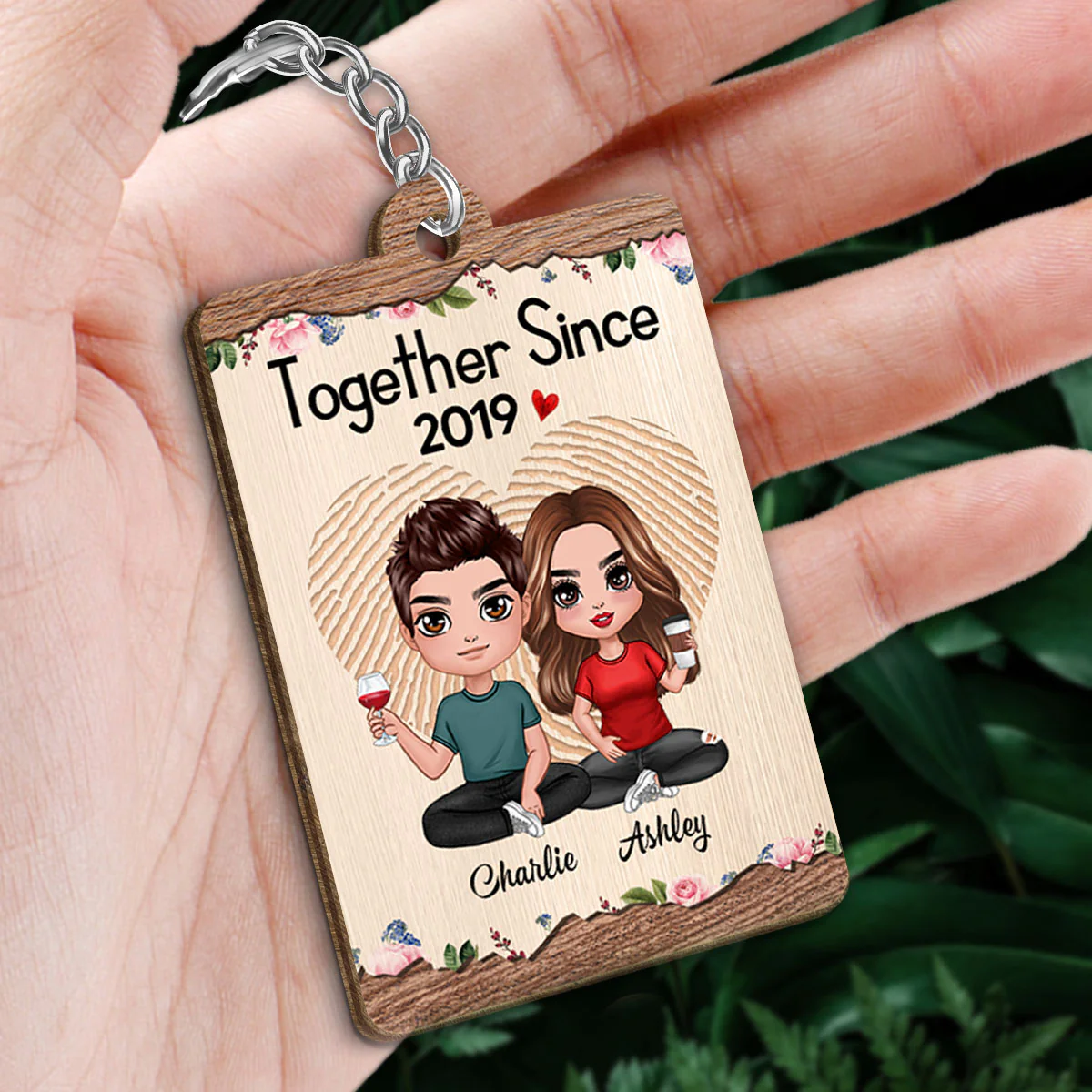 Doll Couple Sitting Favorite Song Scannable QR Code Floral Personalized Wooden Keychain - Image 2