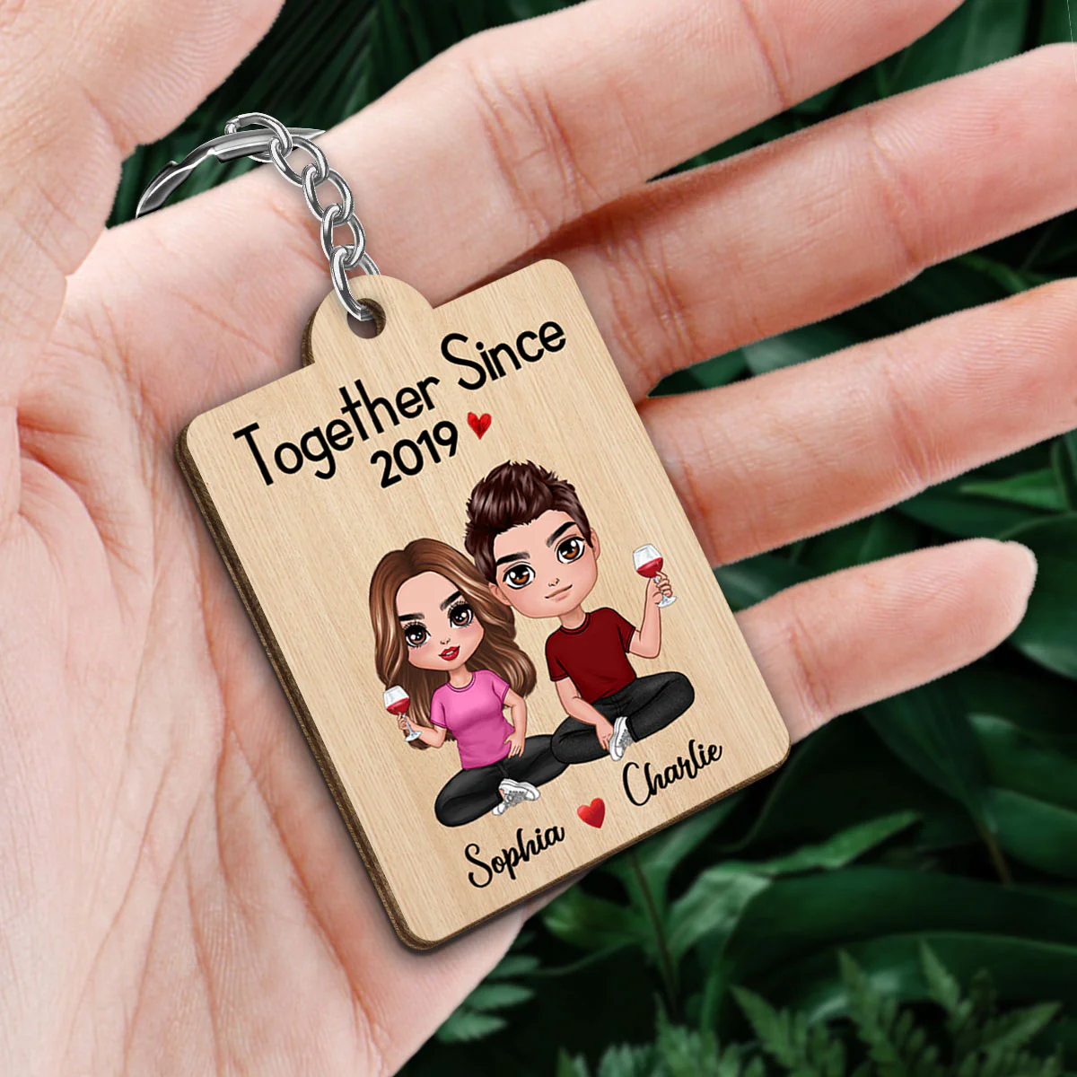 Doll Couple Sitting Favorite Song Scannable QR Code Personalized Wooden Keychain - Image 2